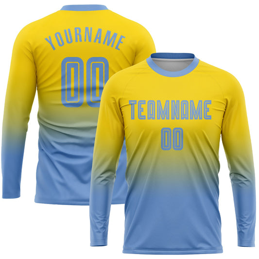Custom Gold Light Blue Sublimation Long Sleeve Fade Fashion Soccer Uniform Jersey - Sky-Custom