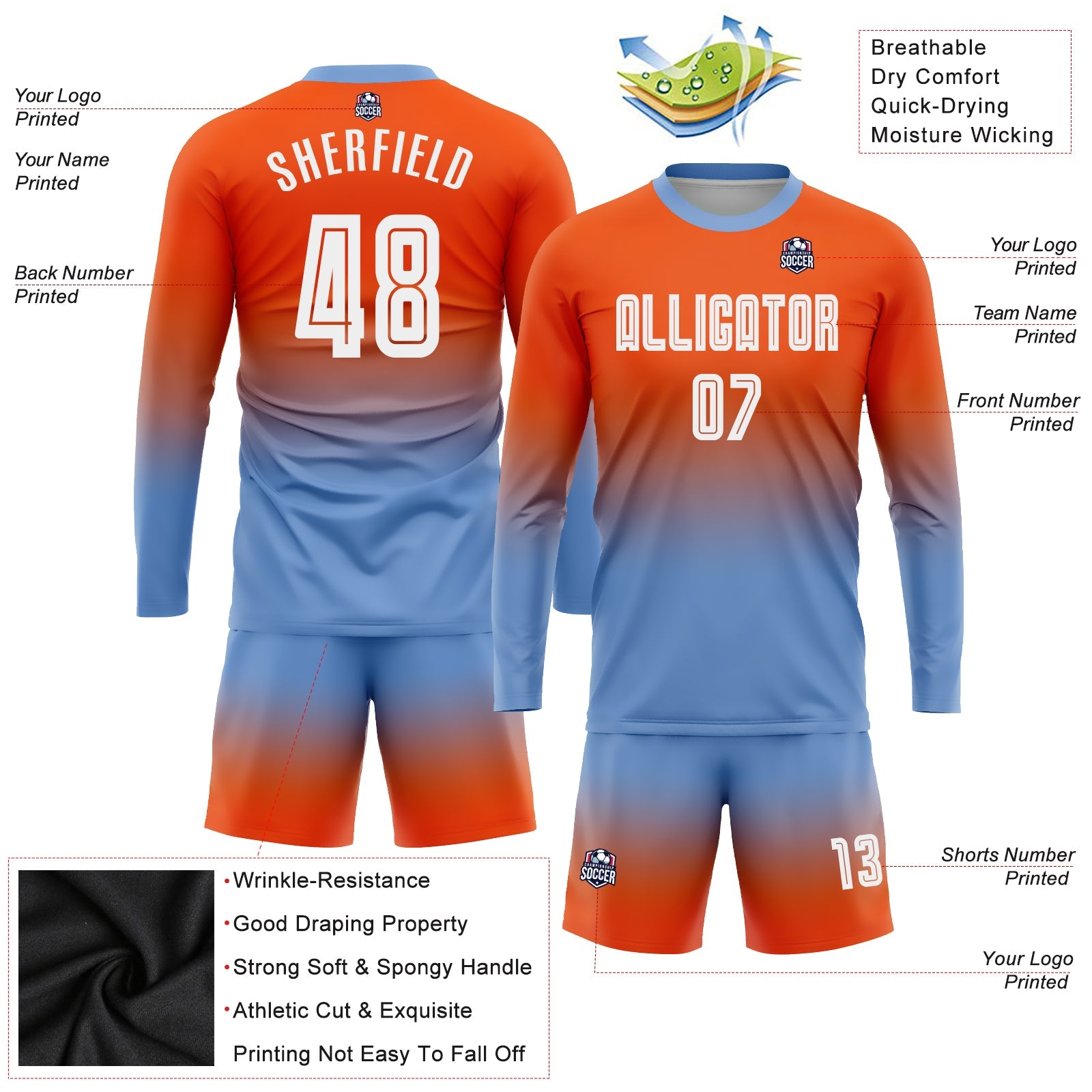 Custom Orange White-Light Blue Sublimation Long Sleeve Fade Fashion Soccer Uniform Jersey - Sky-Custom