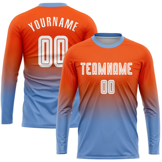 Custom Orange White-Light Blue Sublimation Long Sleeve Fade Fashion Soccer Uniform Jersey - Sky-Custom