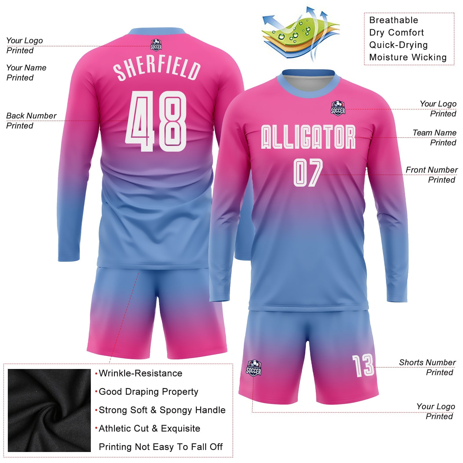 Custom Pink White-Light Blue Sublimation Long Sleeve Fade Fashion Soccer Uniform Jersey - Sky-Custom
