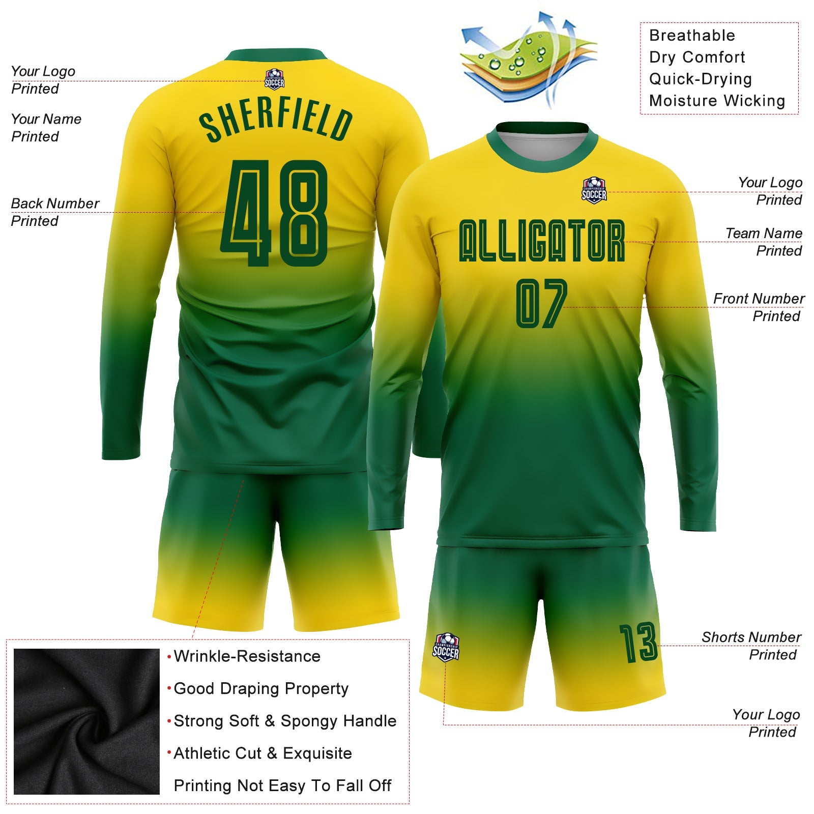 Custom Gold Kelly Green Sublimation Long Sleeve Fade Fashion Soccer Uniform Jersey - Sky-Custom