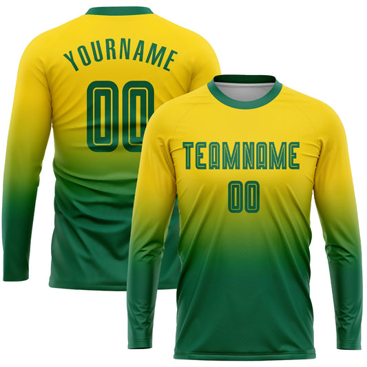 Custom Gold Kelly Green Sublimation Long Sleeve Fade Fashion Soccer Uniform Jersey - Sky-Custom