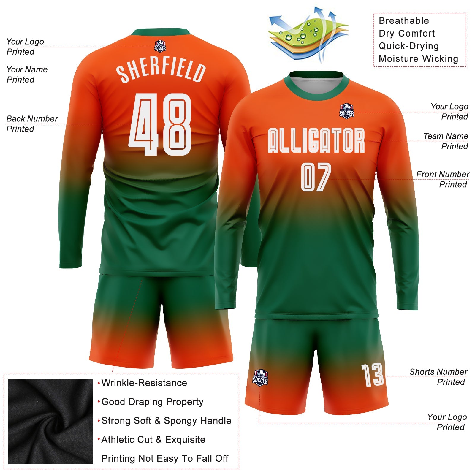 Custom Orange White-Kelly Green Sublimation Long Sleeve Fade Fashion Soccer Uniform Jersey - Sky-Custom