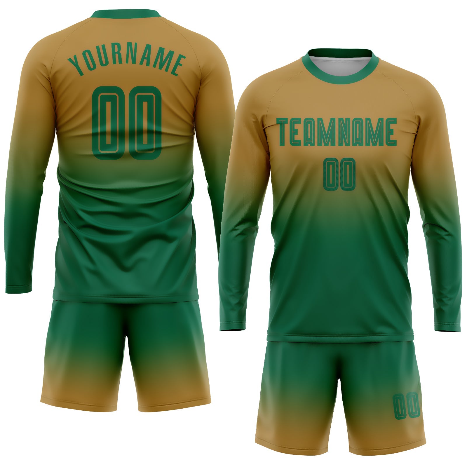 Custom Old Gold Kelly Green Sublimation Long Sleeve Fade Fashion Soccer Uniform Jersey - Sky-Custom