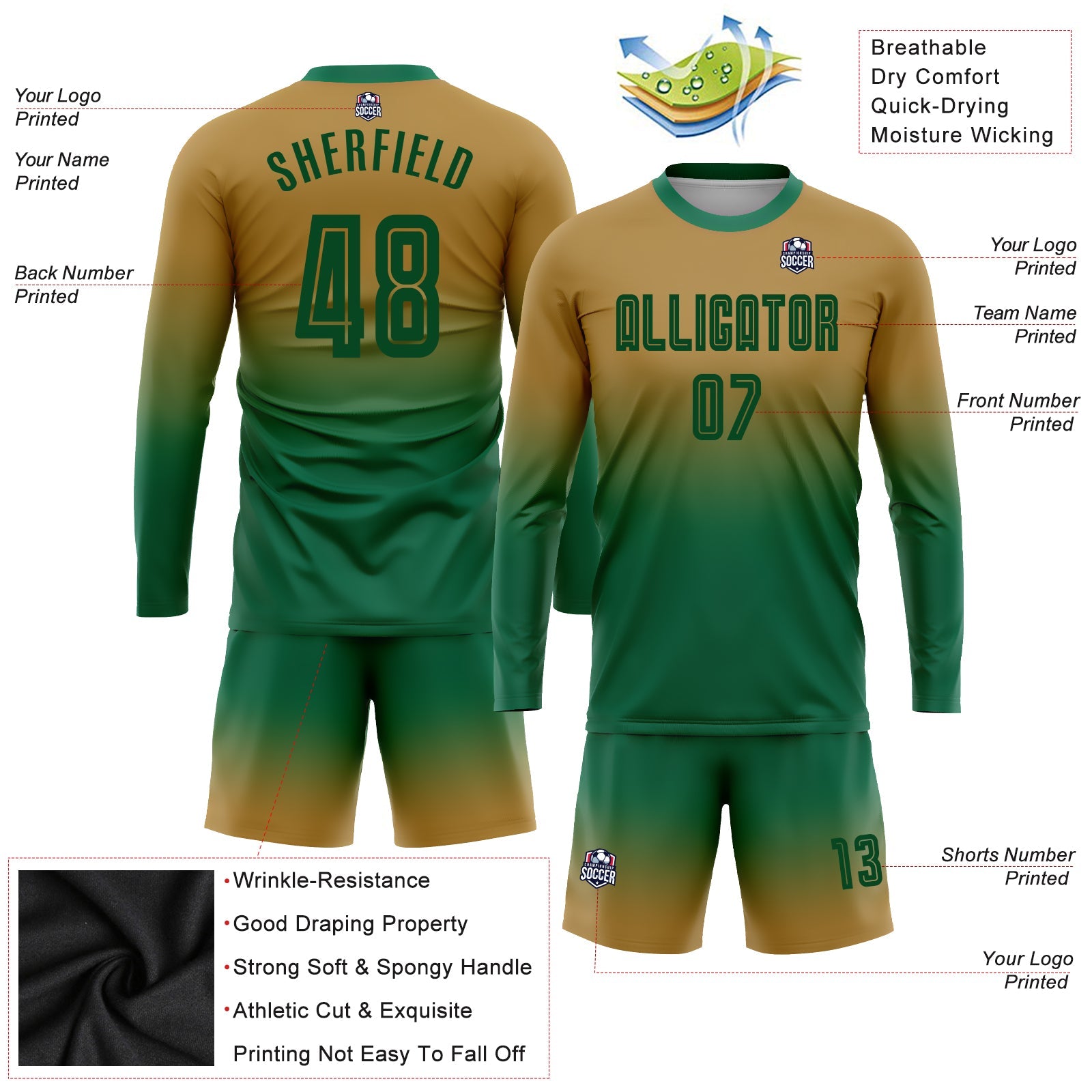Custom Old Gold Kelly Green Sublimation Long Sleeve Fade Fashion Soccer Uniform Jersey - Sky-Custom