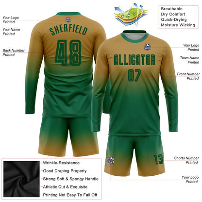 Custom Old Gold Kelly Green Sublimation Long Sleeve Fade Fashion Soccer Uniform Jersey - Sky-Custom