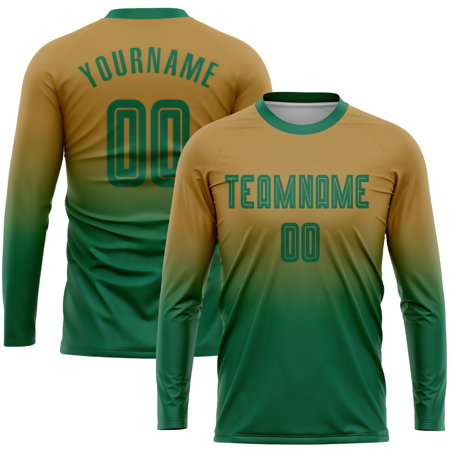 Custom Old Gold Kelly Green Sublimation Long Sleeve Fade Fashion Soccer Uniform Jersey - Sky-Custom