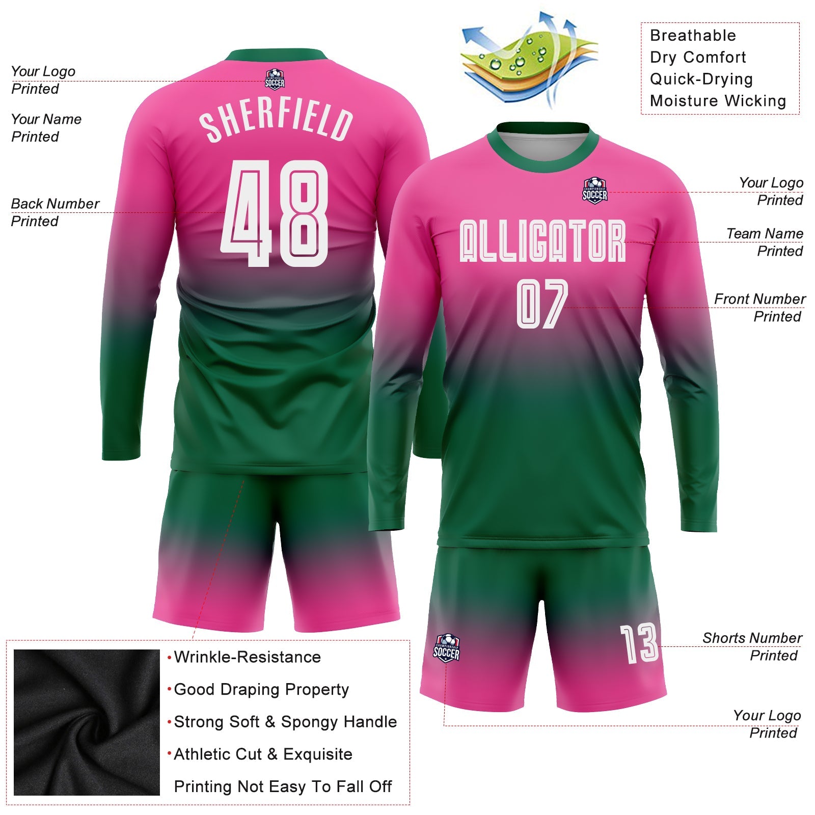 Custom Pink White-Kelly Green Sublimation Long Sleeve Fade Fashion Soccer Uniform Jersey - Sky-Custom