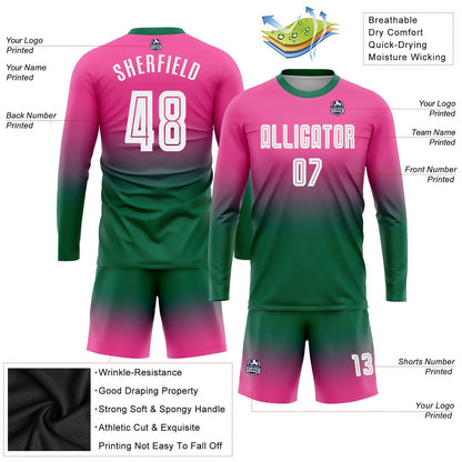 Custom Pink White-Kelly Green Sublimation Long Sleeve Fade Fashion Soccer Uniform Jersey - Sky-Custom