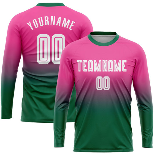 Custom Pink White-Kelly Green Sublimation Long Sleeve Fade Fashion Soccer Uniform Jersey - Sky-Custom