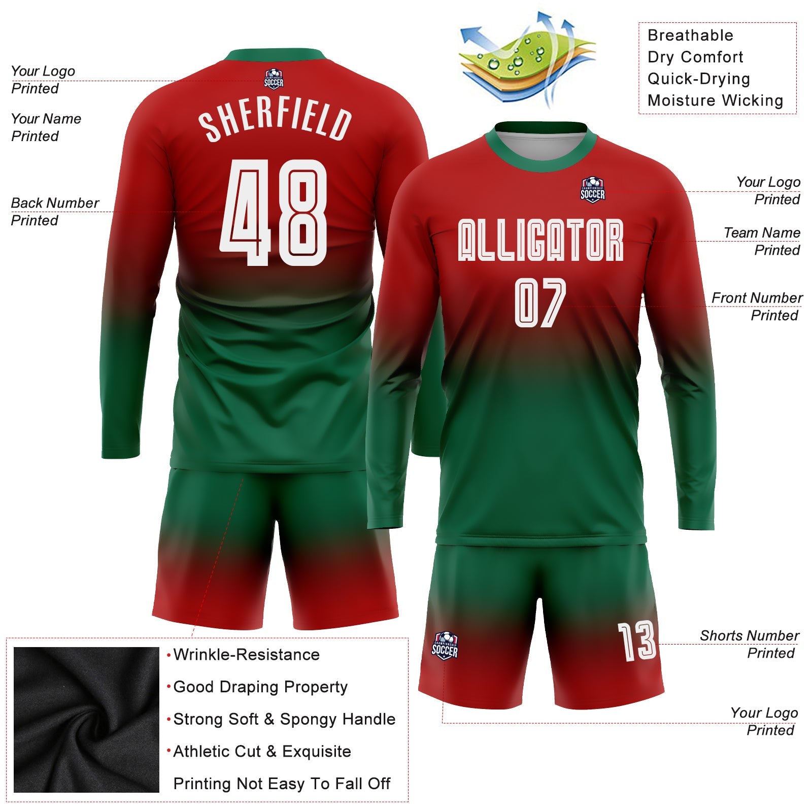 Custom Red White-Kelly Green Sublimation Long Sleeve Fade Fashion Soccer Uniform Jersey - Sky-Custom