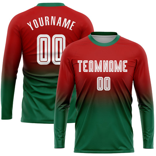 Custom Red White-Kelly Green Sublimation Long Sleeve Fade Fashion Soccer Uniform Jersey - Sky-Custom