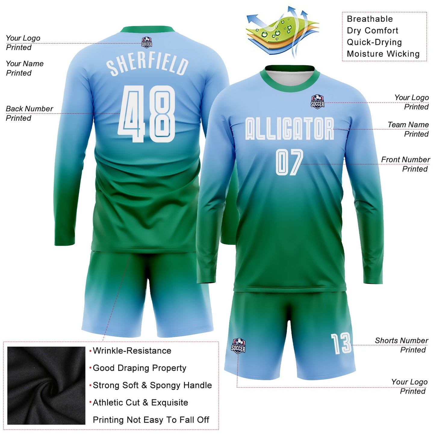 Custom Light Blue White-Kelly Green Sublimation Long Sleeve Fade Fashion Soccer Uniform Jersey - Sky-Custom