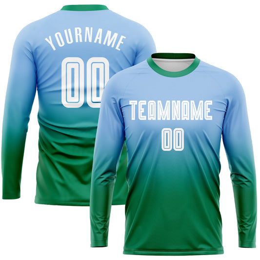 Custom Light Blue White-Kelly Green Sublimation Long Sleeve Fade Fashion Soccer Uniform Jersey - Sky-Custom