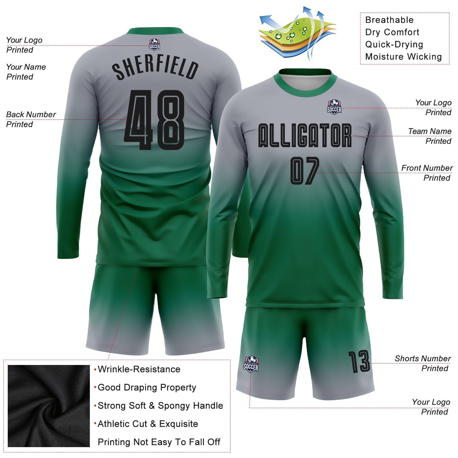 Custom Gray Black-Kelly Green Sublimation Long Sleeve Fade Fashion Soccer Uniform Jersey - Sky-Custom