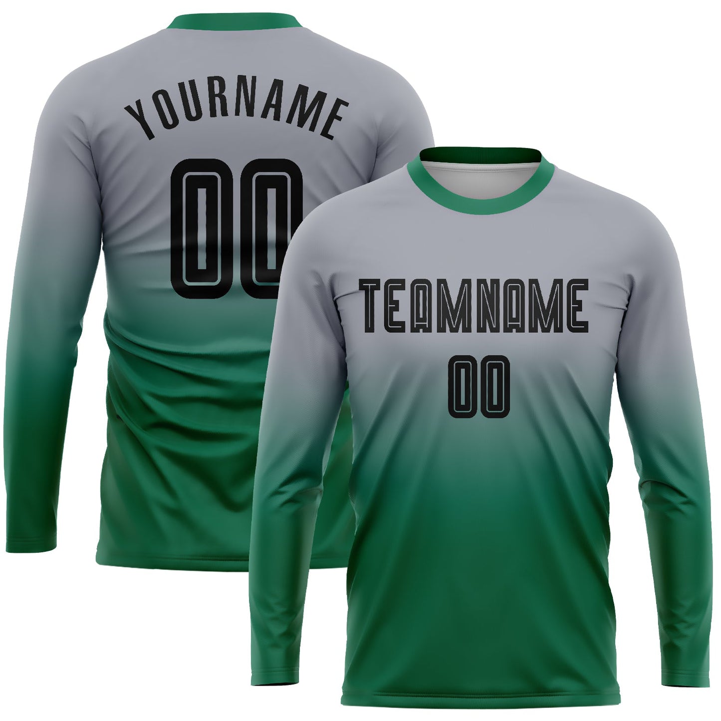 Custom Gray Black-Kelly Green Sublimation Long Sleeve Fade Fashion Soccer Uniform Jersey - Sky-Custom