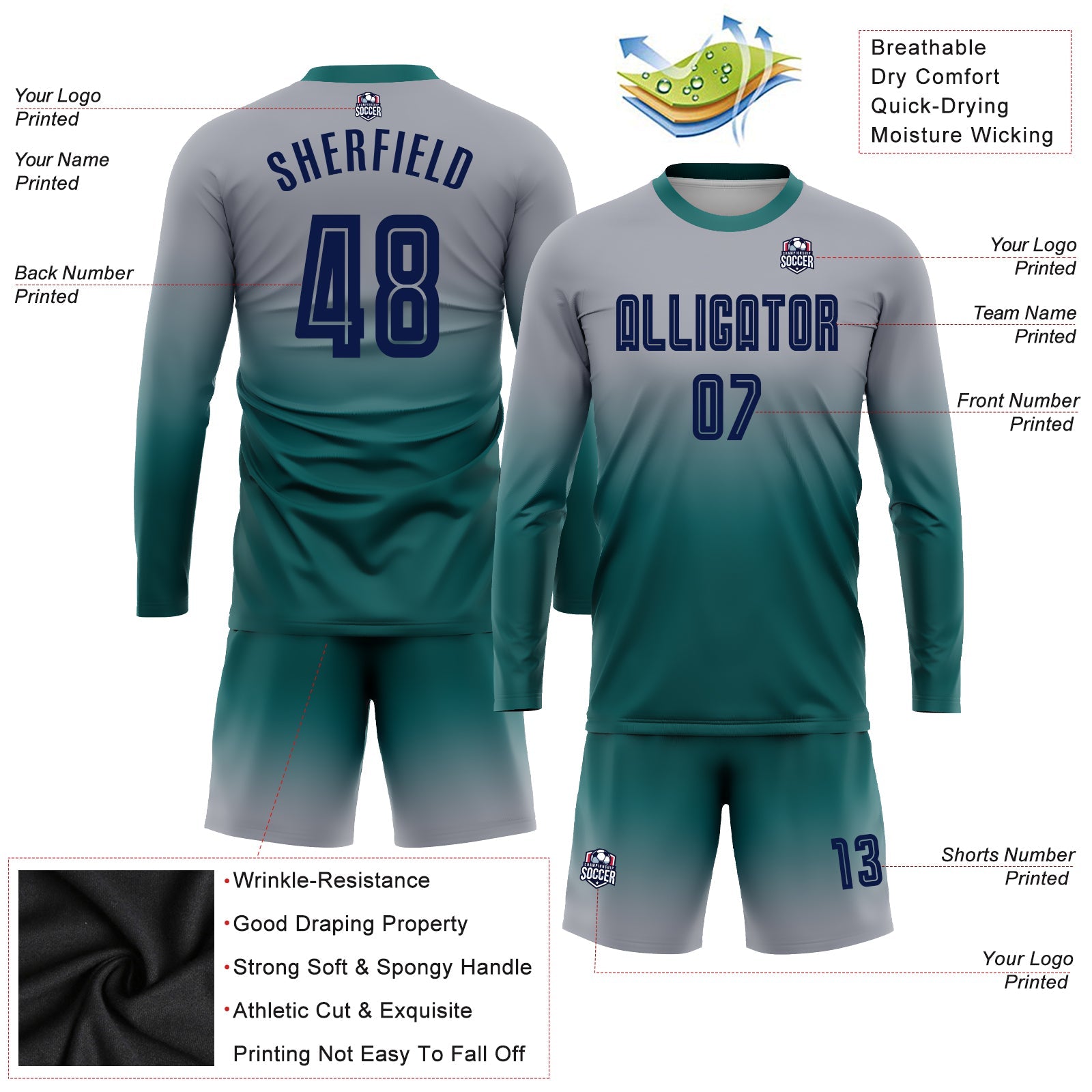 Custom Gray Navy-Teal Sublimation Long Sleeve Fade Fashion Soccer Uniform Jersey - Sky-Custom