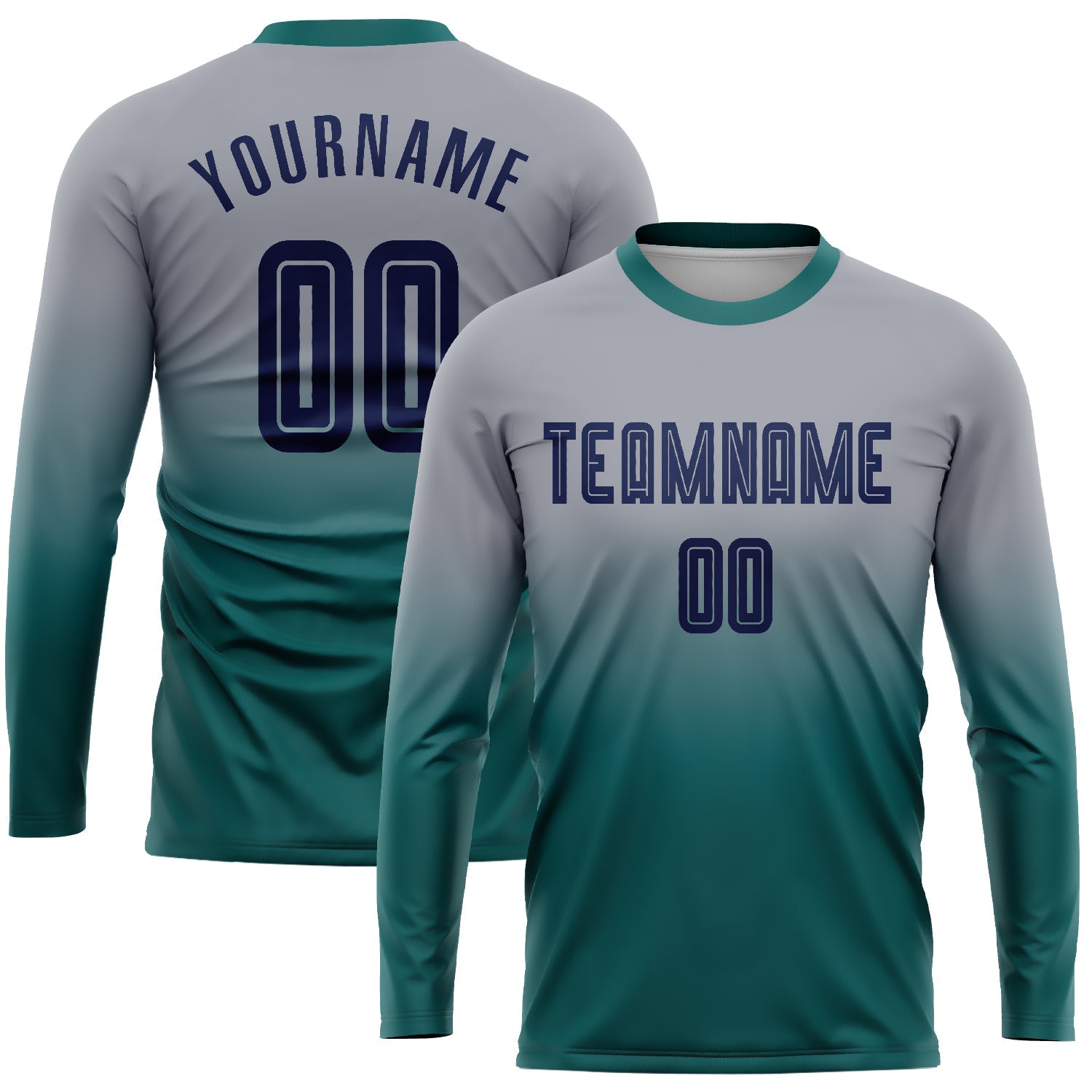 Custom Gray Navy-Teal Sublimation Long Sleeve Fade Fashion Soccer Uniform Jersey - Sky-Custom