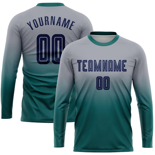 Custom Gray Navy-Teal Sublimation Long Sleeve Fade Fashion Soccer Uniform Jersey - Sky-Custom