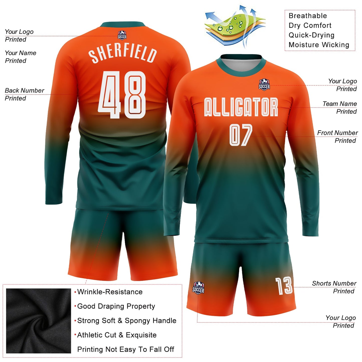 Custom Orange White-Teal Sublimation Long Sleeve Fade Fashion Soccer Uniform Jersey - Sky-Custom
