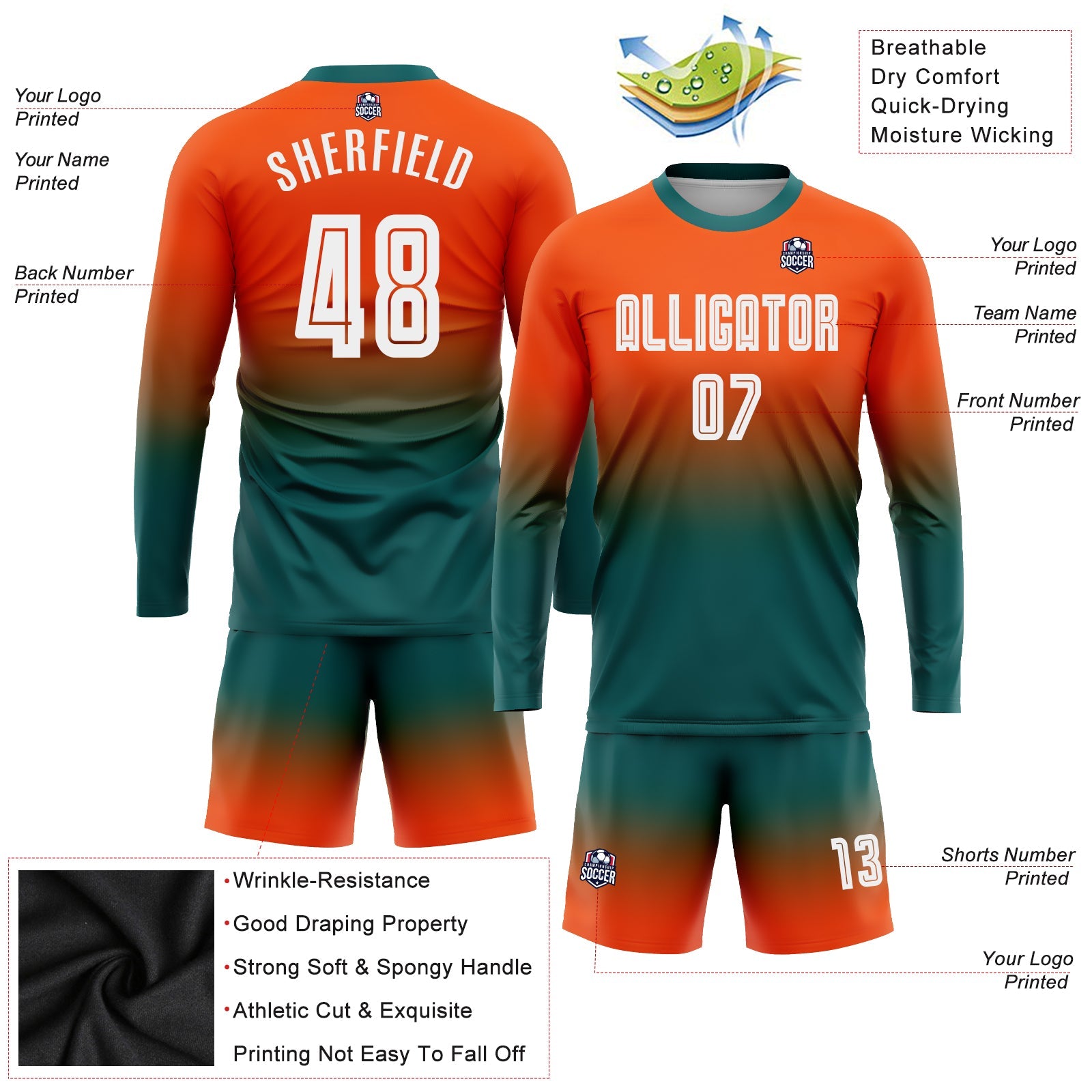 Custom Orange White-Teal Sublimation Long Sleeve Fade Fashion Soccer Uniform Jersey - Sky-Custom