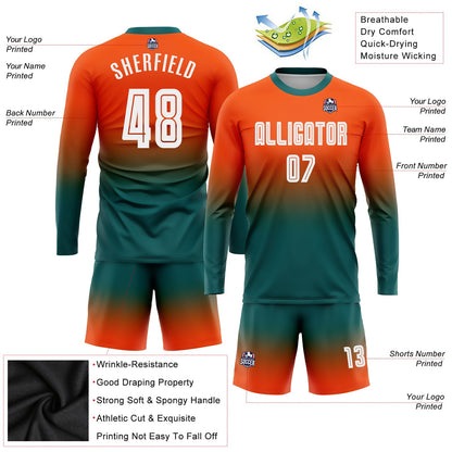 Custom Orange White-Teal Sublimation Long Sleeve Fade Fashion Soccer Uniform Jersey - Sky-Custom