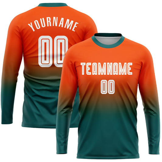 Custom Orange White-Teal Sublimation Long Sleeve Fade Fashion Soccer Uniform Jersey - Sky-Custom