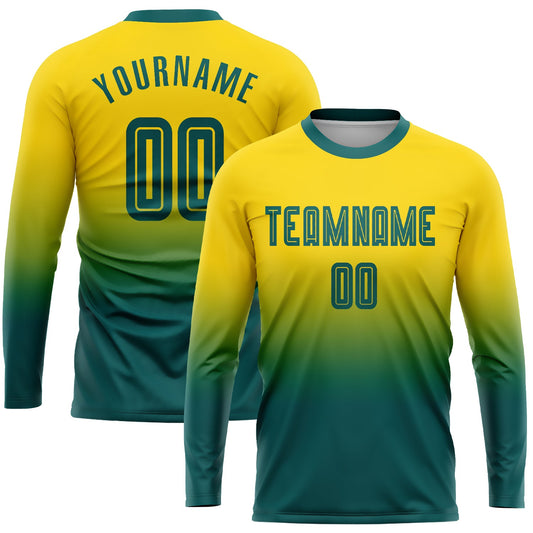 Custom Gold Teal Sublimation Long Sleeve Fade Fashion Soccer Uniform Jersey - Sky-Custom