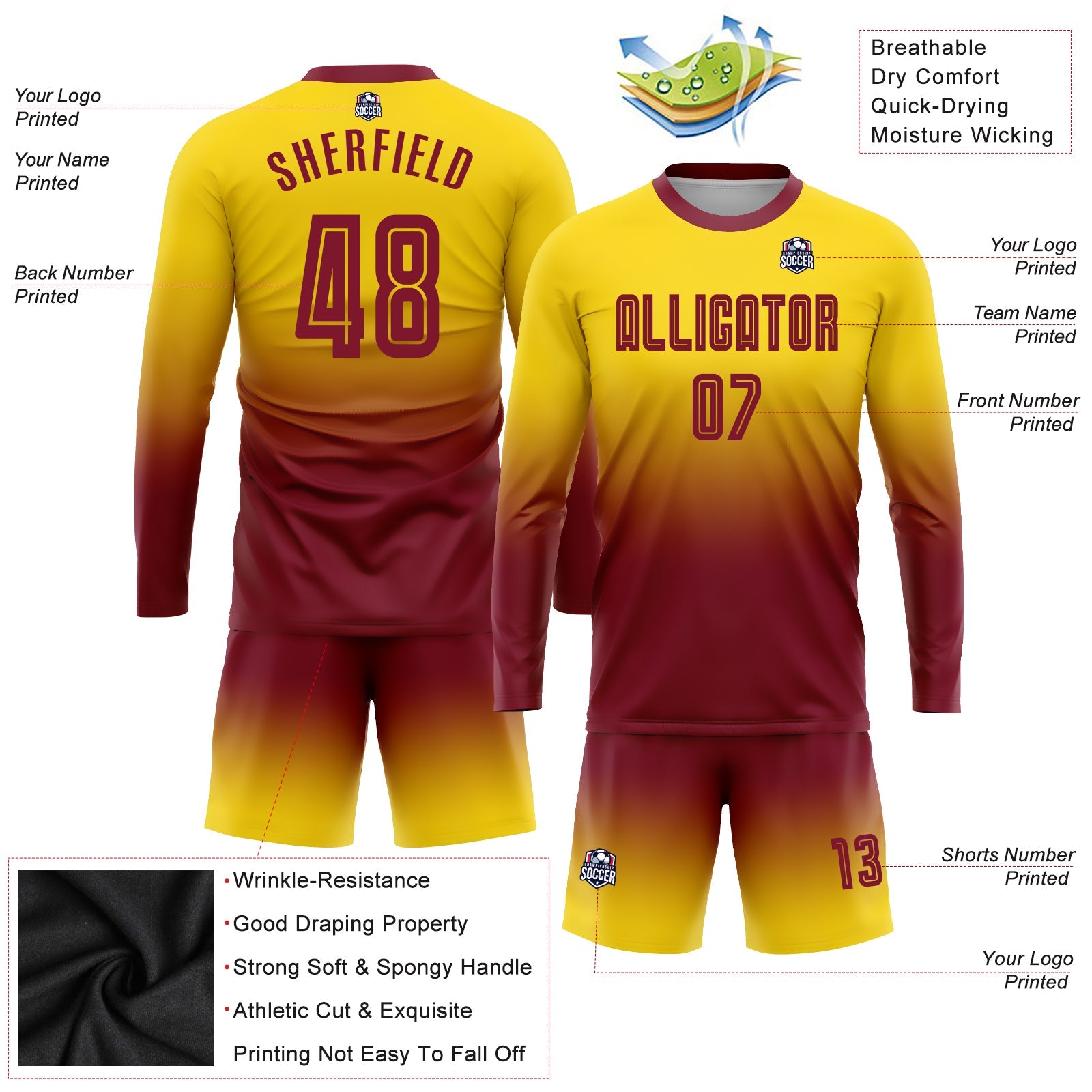 Custom Gold Crimson Sublimation Long Sleeve Fade Fashion Soccer Uniform Jersey - Sky-Custom