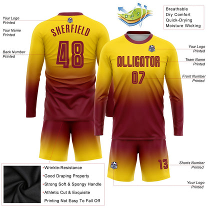 Custom Gold Crimson Sublimation Long Sleeve Fade Fashion Soccer Uniform Jersey - Sky-Custom