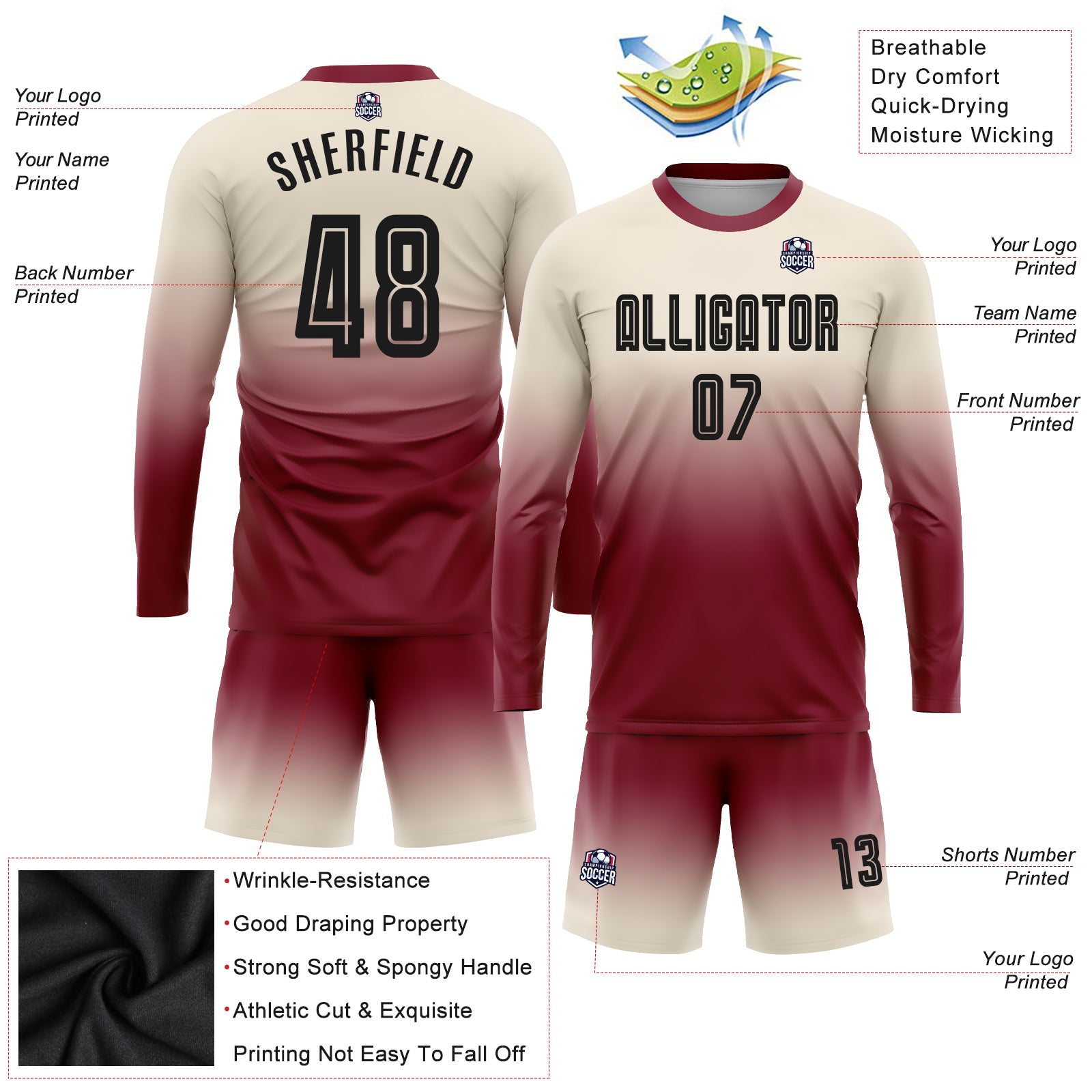 Custom Cream Black-Crimson Sublimation Long Sleeve Fade Fashion Soccer Uniform Jersey - Sky-Custom