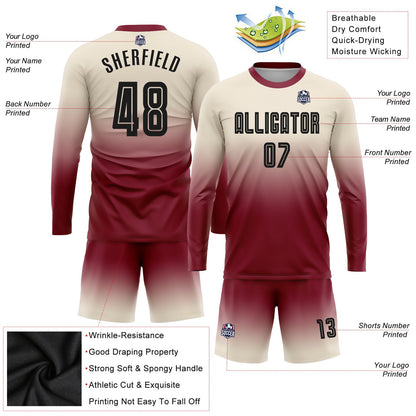 Custom Cream Black-Crimson Sublimation Long Sleeve Fade Fashion Soccer Uniform Jersey - Sky-Custom