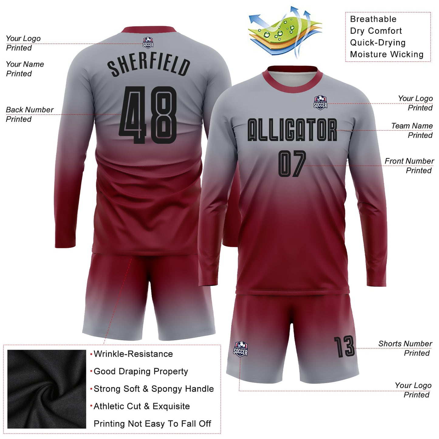 Custom Gray Black-Crimson Sublimation Long Sleeve Fade Fashion Soccer Uniform Jersey - Sky-Custom