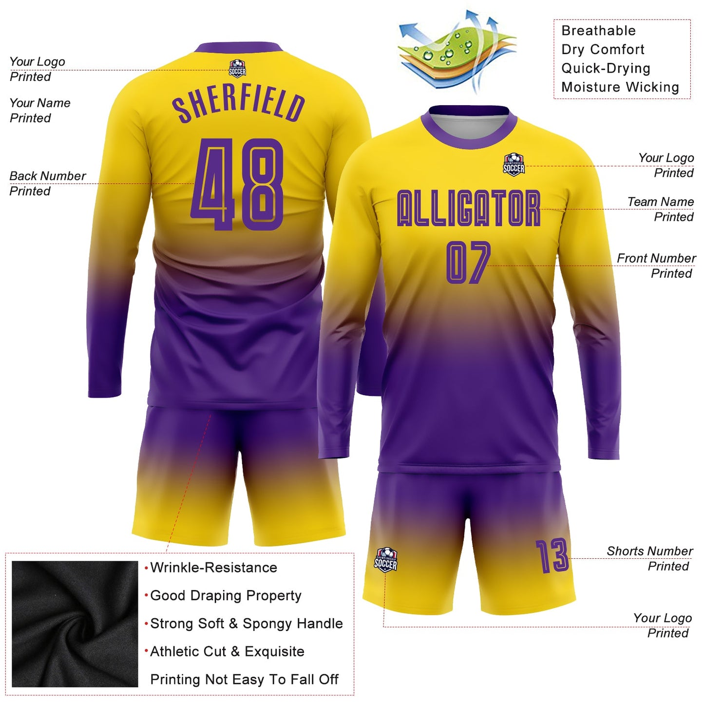 Custom Gold Purple Sublimation Long Sleeve Fade Fashion Soccer Uniform Jersey - Sky-Custom