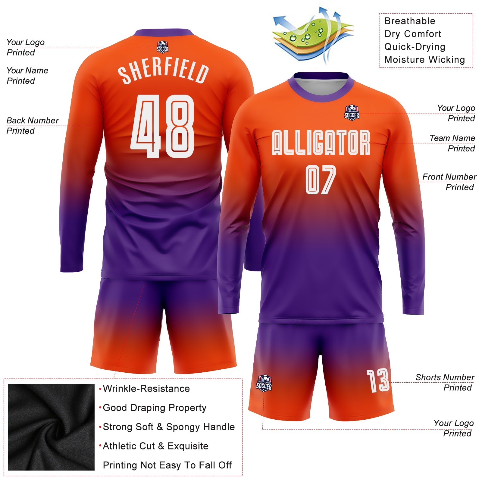 Custom Orange White-Purple Sublimation Long Sleeve Fade Fashion Soccer Uniform Jersey - Sky-Custom