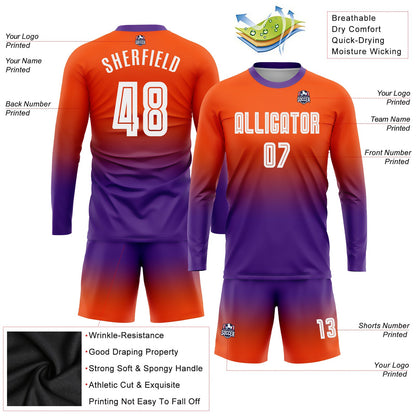Custom Orange White-Purple Sublimation Long Sleeve Fade Fashion Soccer Uniform Jersey - Sky-Custom
