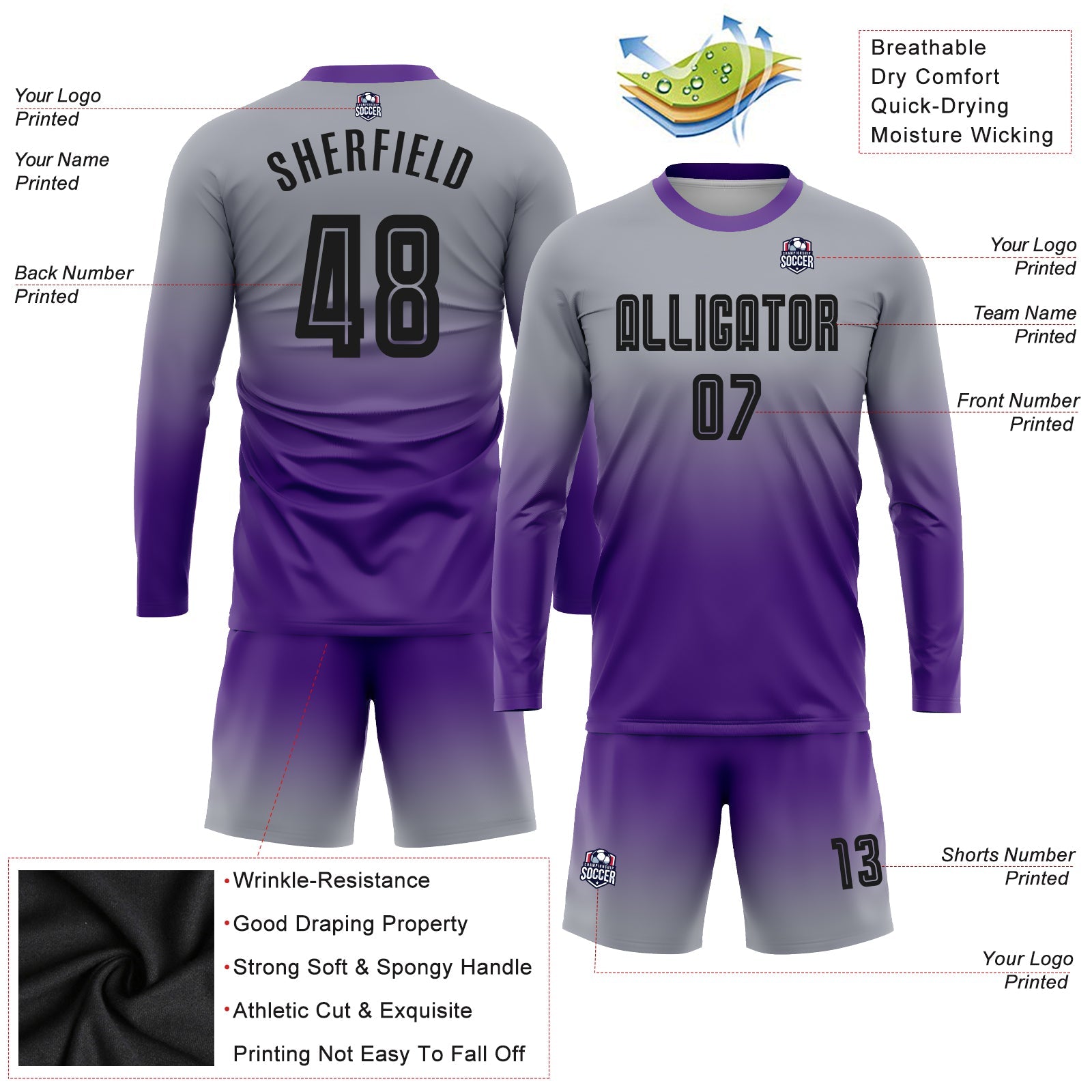 Custom Gray Black-Purple Sublimation Long Sleeve Fade Fashion Soccer Uniform Jersey - Sky-Custom