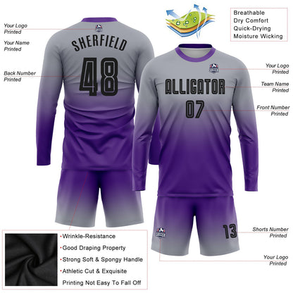 Custom Gray Black-Purple Sublimation Long Sleeve Fade Fashion Soccer Uniform Jersey - Sky-Custom