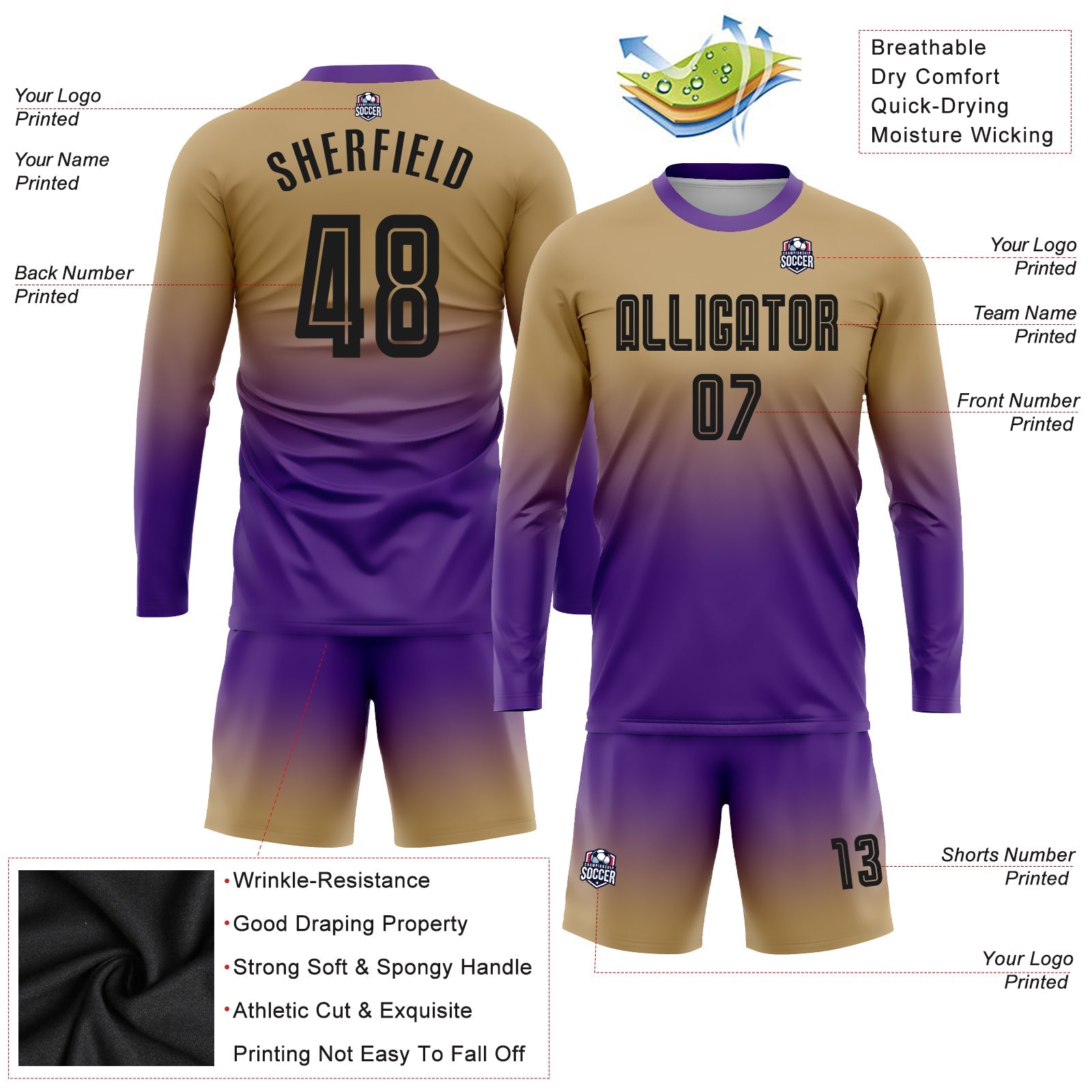 Custom Old Gold Black-Purple Sublimation Long Sleeve Fade Fashion Soccer Uniform Jersey - Sky-Custom