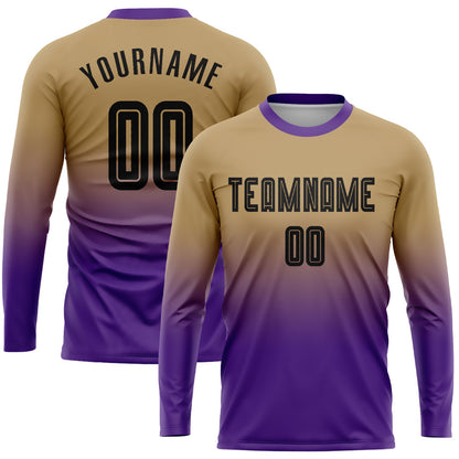 Custom Old Gold Black-Purple Sublimation Long Sleeve Fade Fashion Soccer Uniform Jersey - Sky-Custom