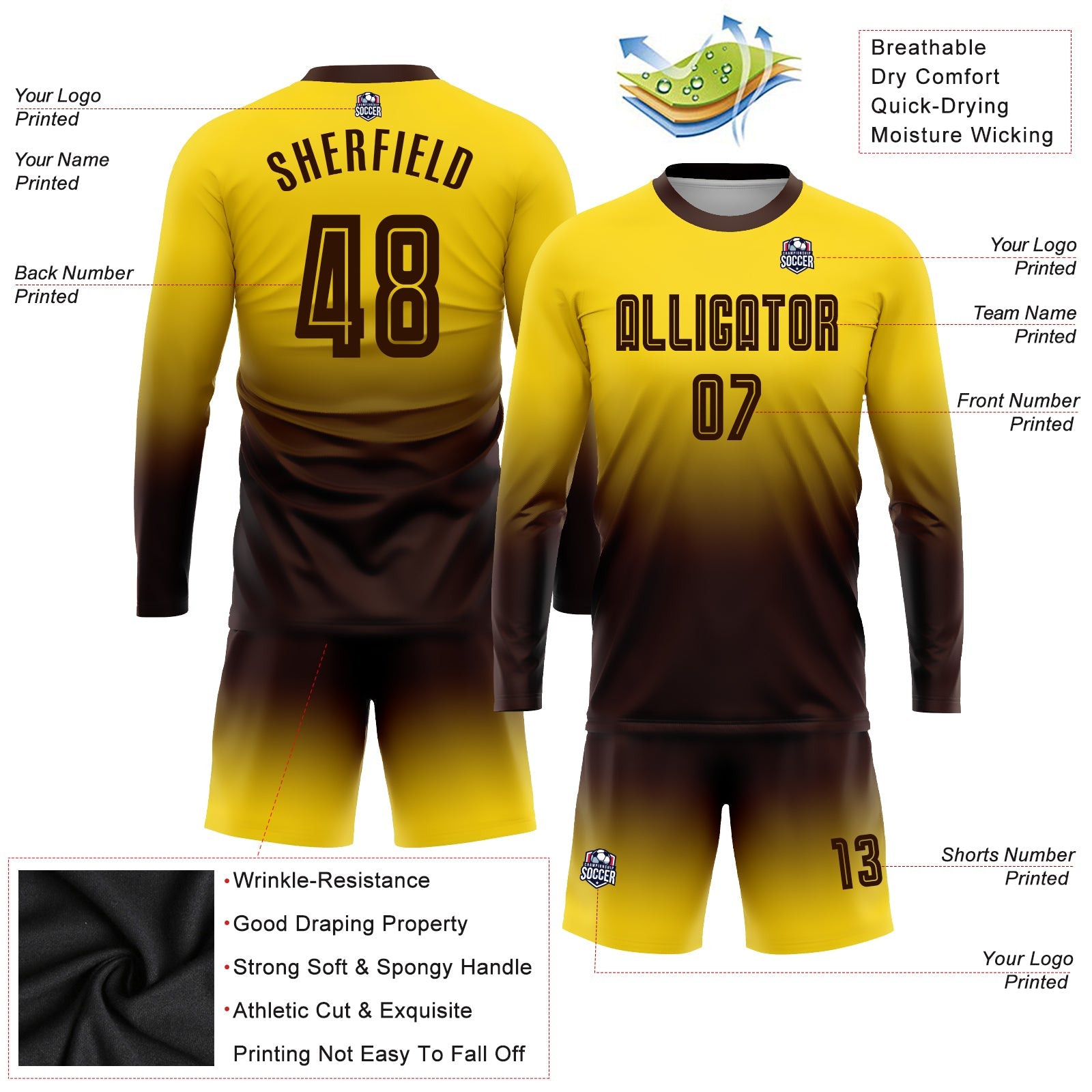 Custom Gold Brown Sublimation Long Sleeve Fade Fashion Soccer Uniform Jersey - Sky-Custom