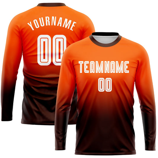 Custom Orange White-Brown Sublimation Long Sleeve Fade Fashion Soccer Uniform Jersey - Sky-Custom