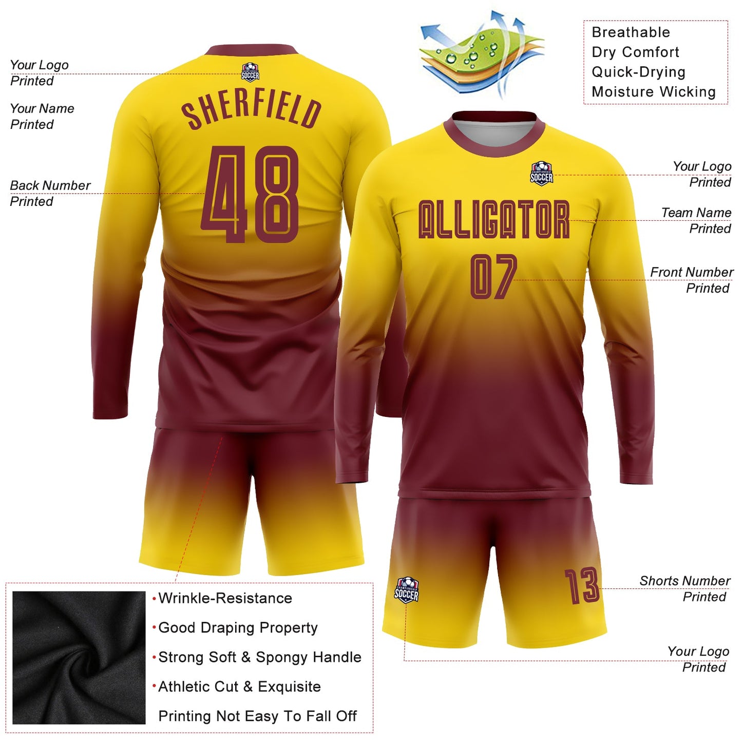 Custom Gold Burgundy Sublimation Long Sleeve Fade Fashion Soccer Uniform Jersey - Sky-Custom