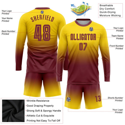 Custom Gold Burgundy Sublimation Long Sleeve Fade Fashion Soccer Uniform Jersey - Sky-Custom