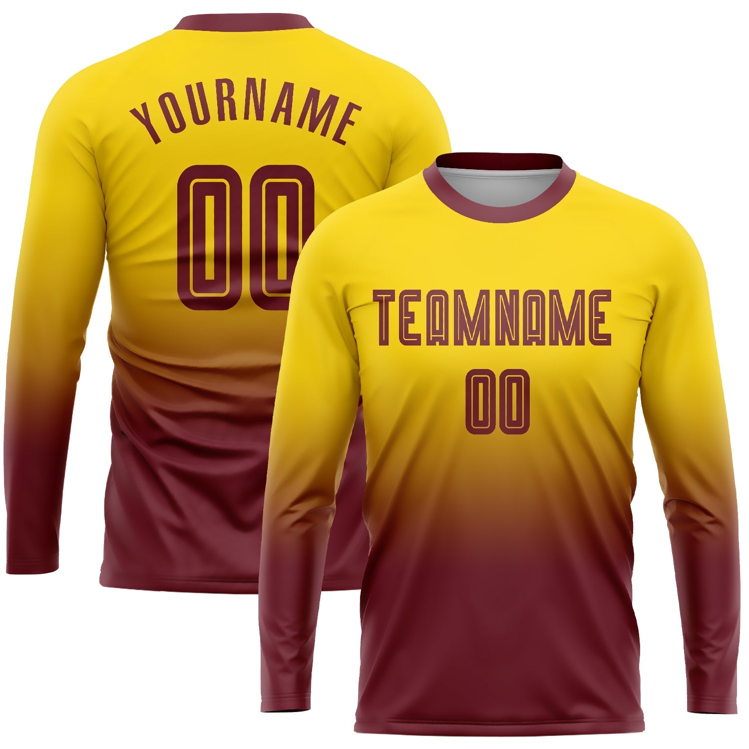 Custom Gold Burgundy Sublimation Long Sleeve Fade Fashion Soccer Uniform Jersey - Sky-Custom