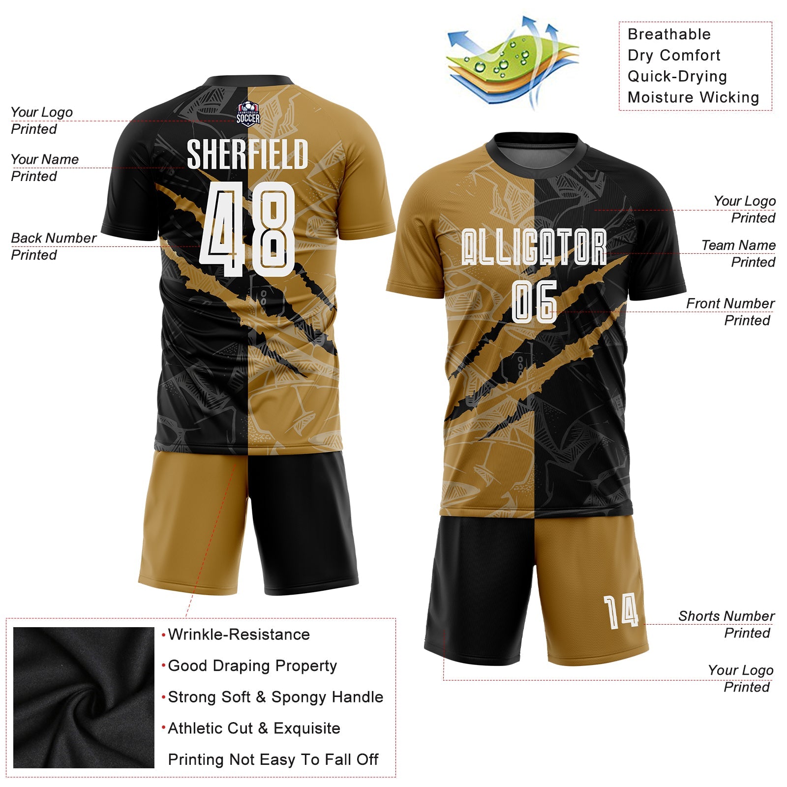 Custom Graffiti Pattern White Black-Old Gold Scratch Sublimation Soccer Uniform Jersey - Sky-Custom
