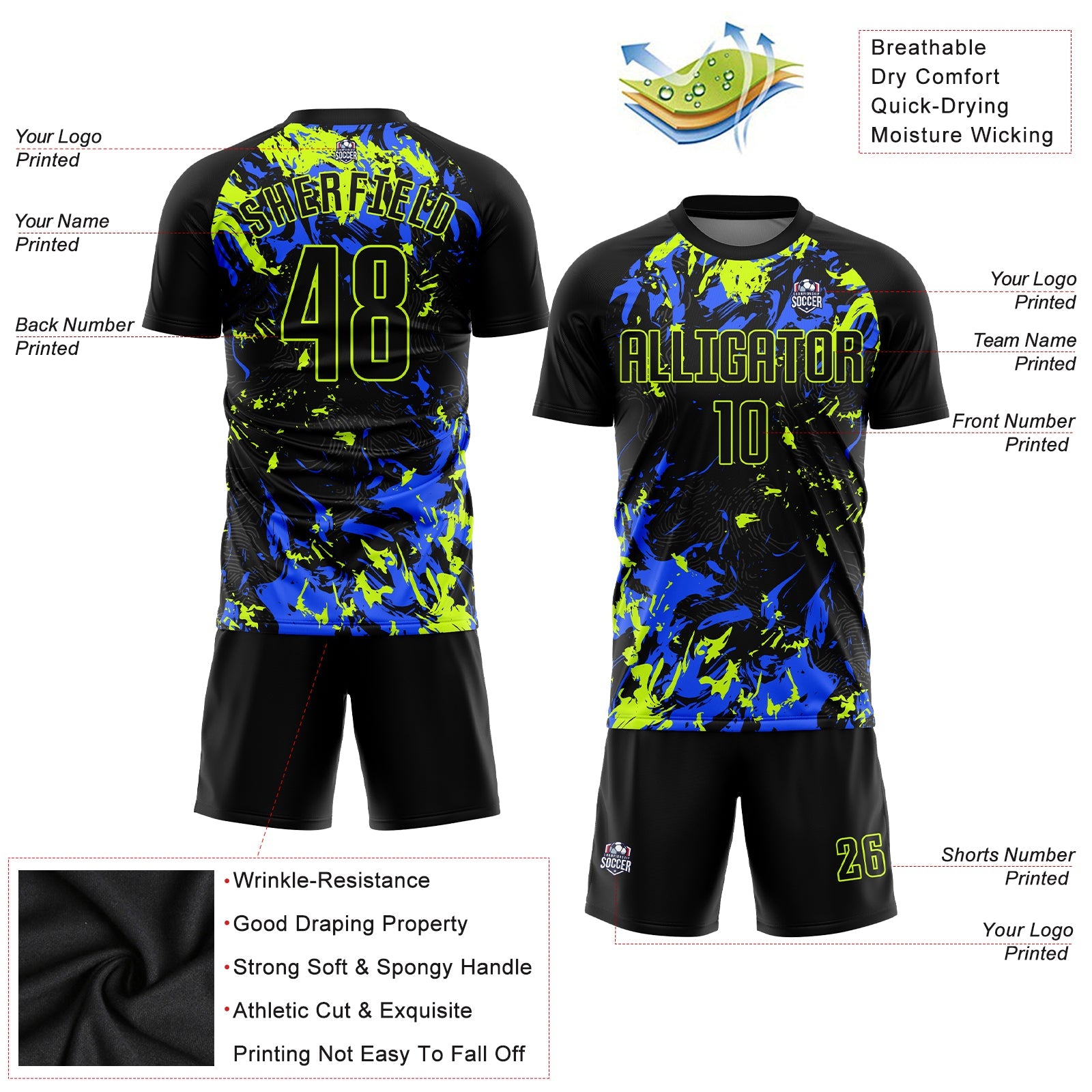 Custom Black Black Neon Green-Royal Sublimation Soccer Uniform Jersey - Sky-Custom