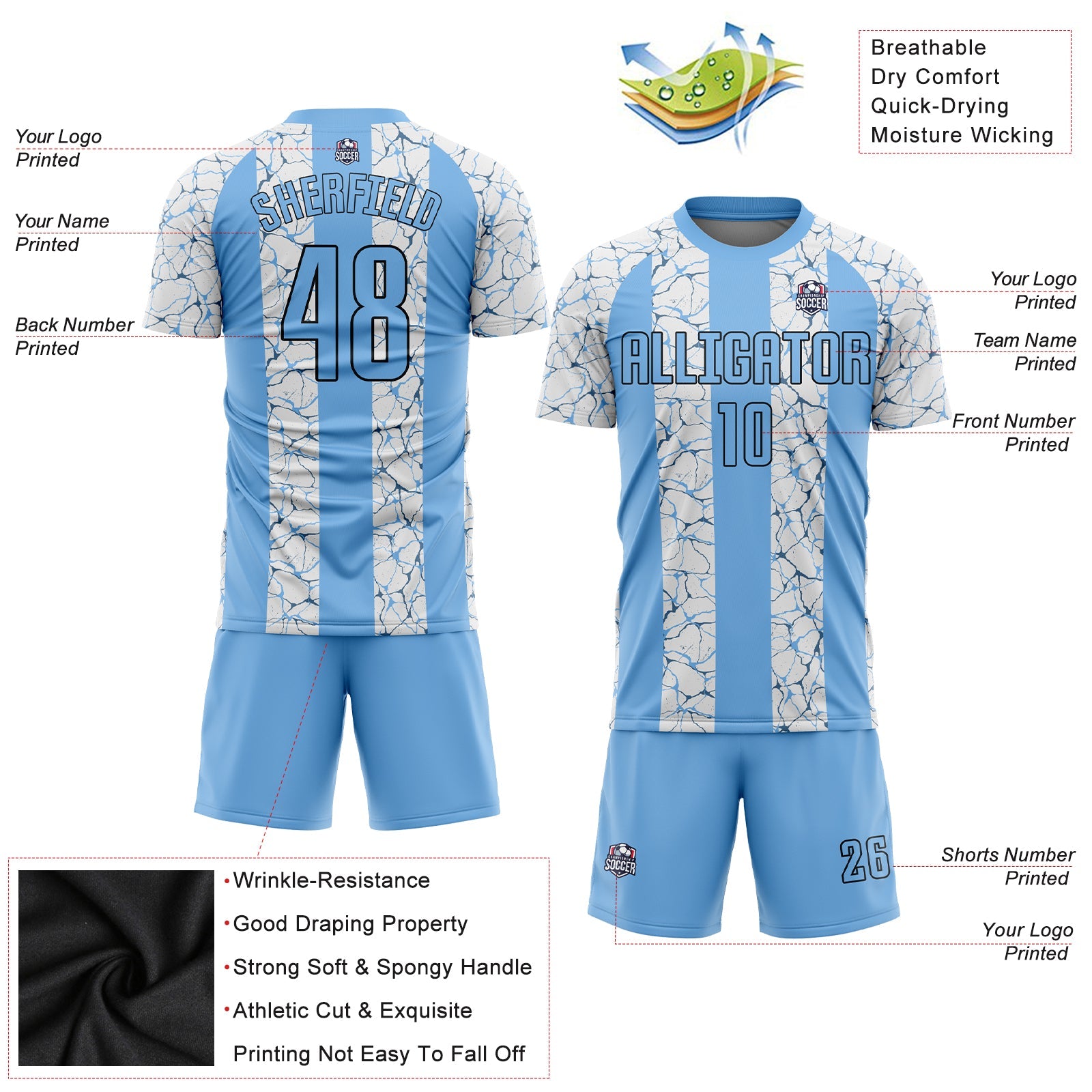 Custom Light Blue Black-White Sublimation Soccer Uniform Jersey - Sky-Custom