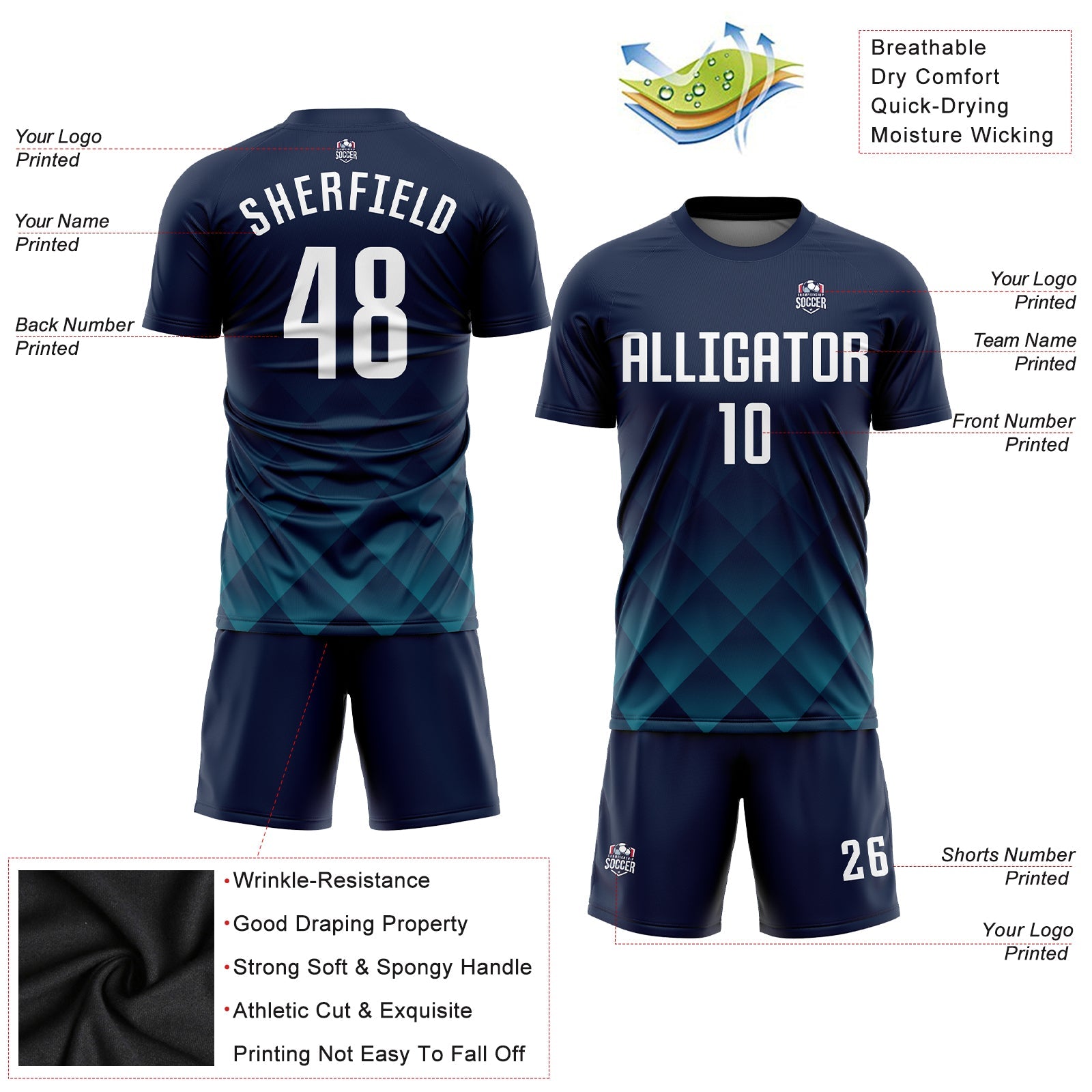 Custom Navy White-Teal Sublimation Soccer Uniform Jersey - Sky-Custom