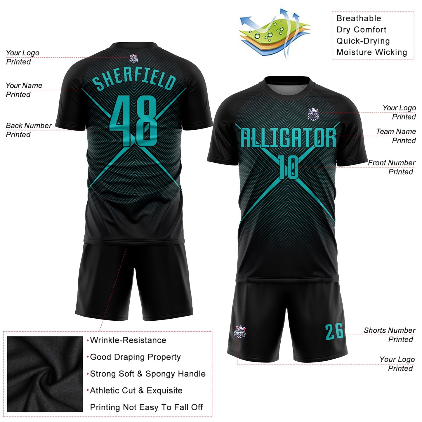 Custom Black Teal Sublimation Soccer Uniform Jersey - Sky-Custom